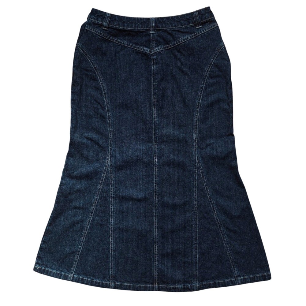 Vintage Y2K Womens 6 Flare Maxi Skirt Denim Jean Dark Blue Western Trumpet Midi - Picture 2 of 5